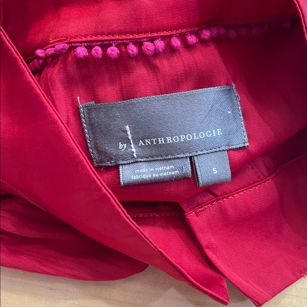 Anthropologie Deep Red Pleated Long Sleeve Blouse - Picture 3 of 5